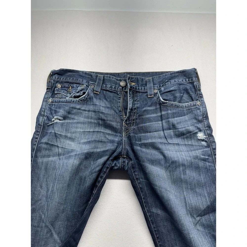 True Religion Ricky Relaxed Straight Jeans Mens 40*34 distressed whisker flap